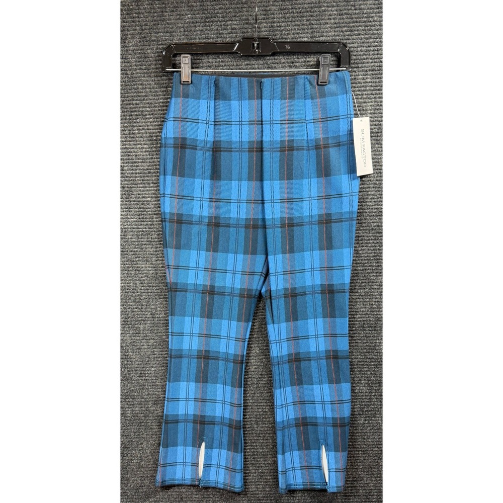 Slim Factor by Investments Blue Plaid Kick Flare Pants Tummy Control Small NWT